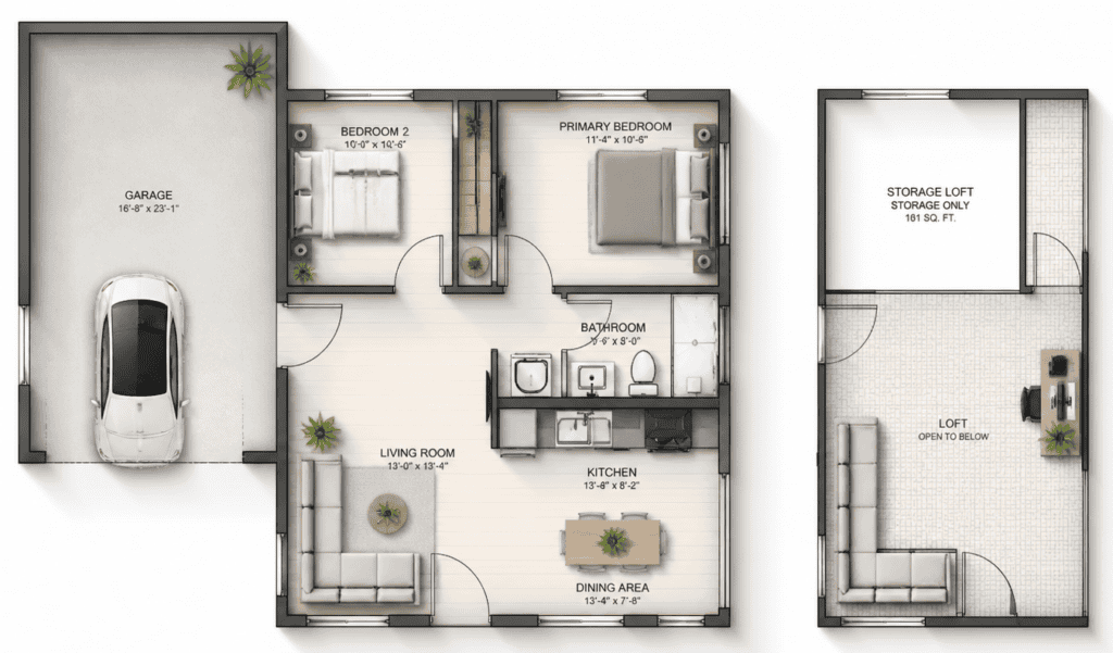 Efficient Zip Kit Home floor plan with 2 bedrooms, bathroom, living room, kitchen, and garage.