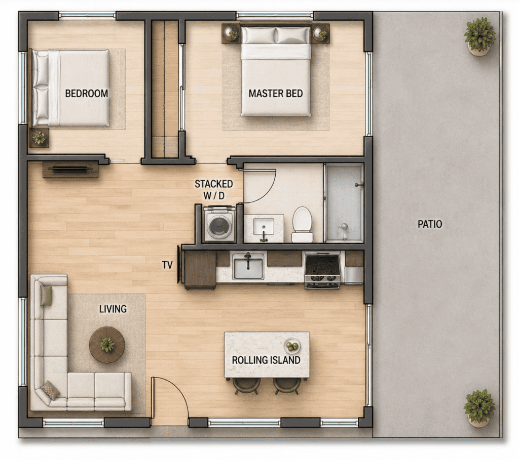 Modern tiny home floor plan with two bedrooms, living area, and outdoor patio.