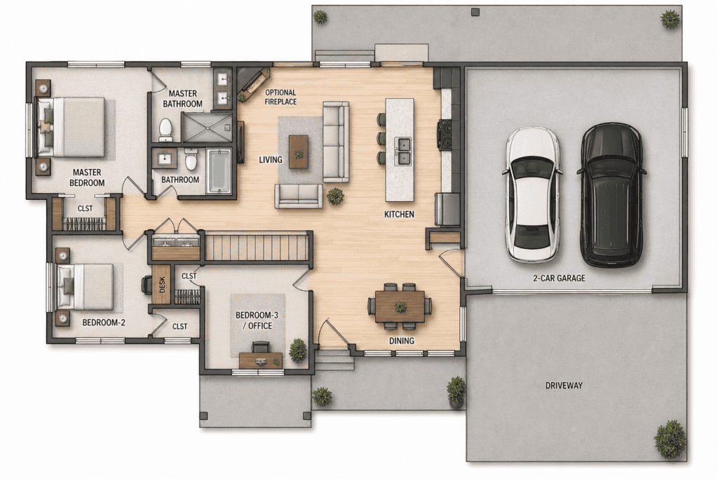 Modern single-story Zip Kit home floor plan with 3 bedrooms, 2 bathrooms, and a 2-car garage.