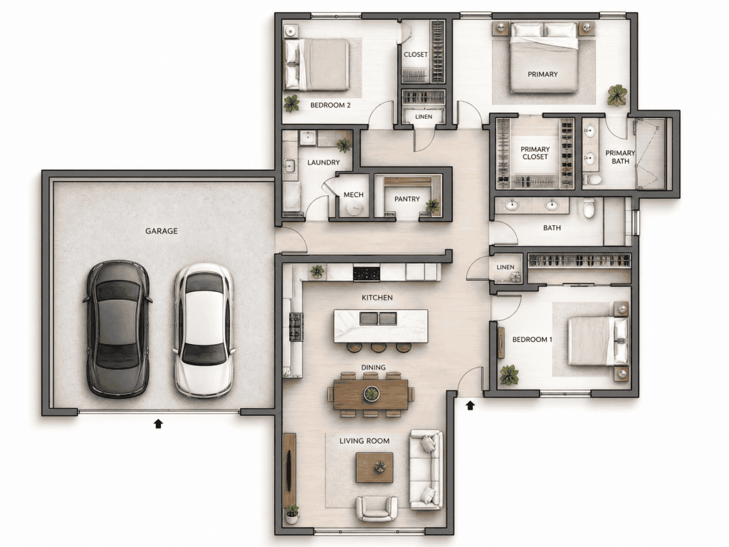 Floor plan of a modern Zip Kit home featuring bedrooms, garage, and open living space.