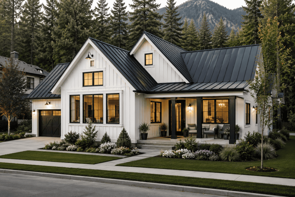 Contemporary white Zip Kit home with black metal roof and large windows in a mountain setting.