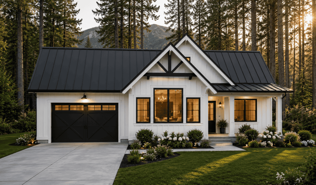 Bluebell tiny home with white siding, black roof, and large front window in a forest setting.