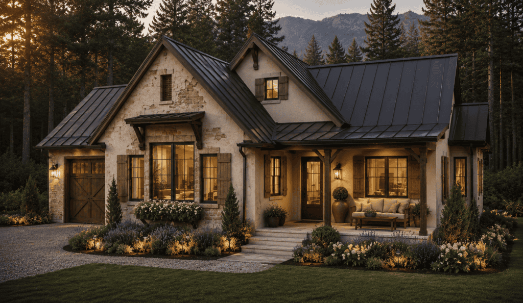 Beautiful modern mountain home with stone exterior and large windows, surrounded by nature.