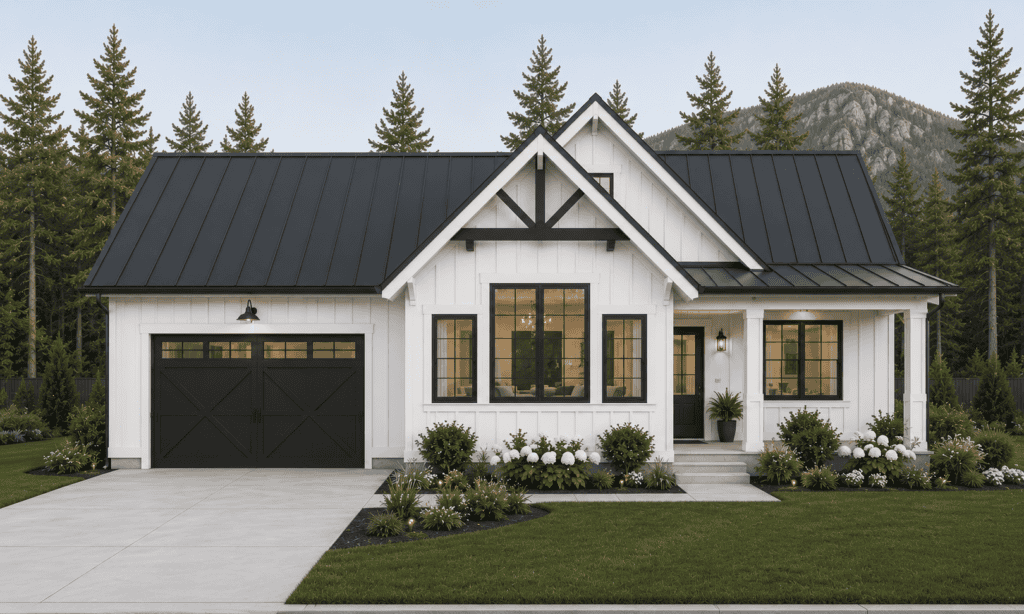 Modern white Zip Kit home with black metal roof, front porch, and landscaped yard.
