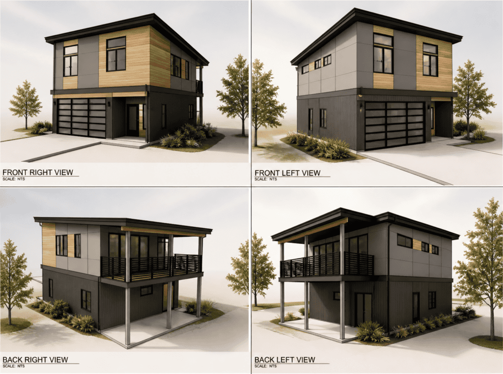Modern prefab tiny home with sleek design and spacious balcony, ideal for compact living solutions.
