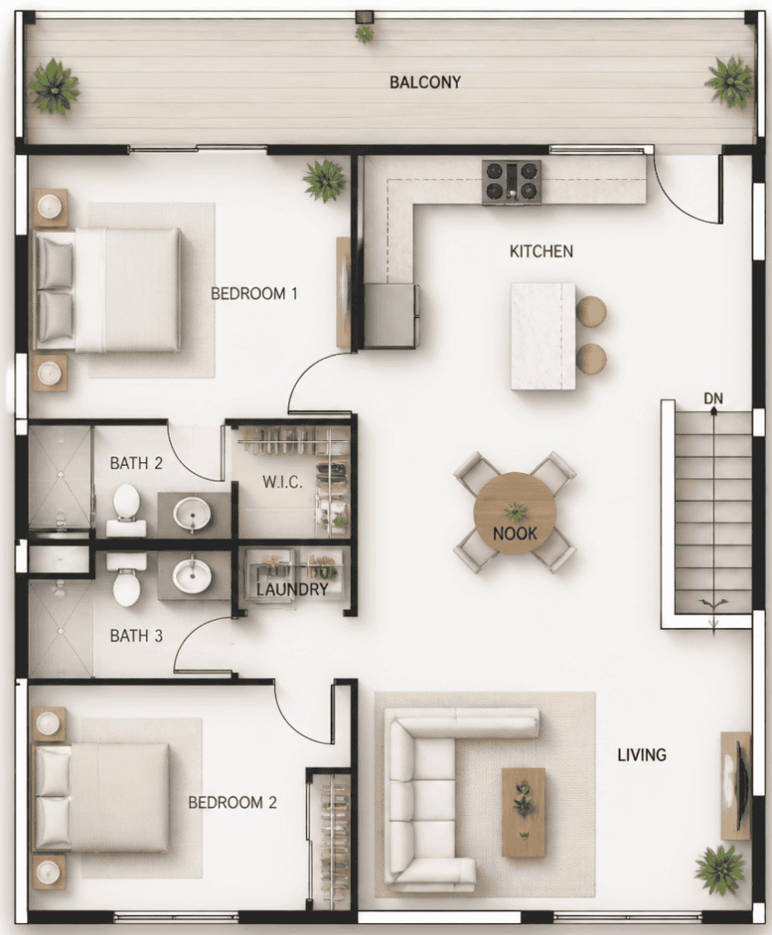 Modern two-story tiny home floor plan with garage, bedrooms, and outdoor spaces.