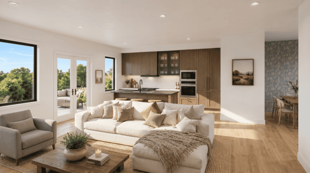 Open-concept living room and kitchen in the Birch modern rustic floor plan featuring warm wood cabinetry, oversized windows, natural light, cozy sectional seating, and seamless indoor-outdoor living.