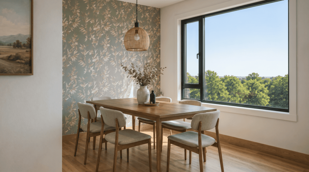 Modern rustic dining area in the Birch floor plan with a wood dining table, woven pendant light, botanical accent wallpaper, and large picture window overlooking scenic outdoor views.