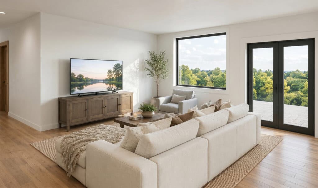 Spacious living room in the Birch floor plan with comfortable sectional seating, natural wood finishes, large windows, and direct access to an outdoor patio that blends indoor and outdoor living.