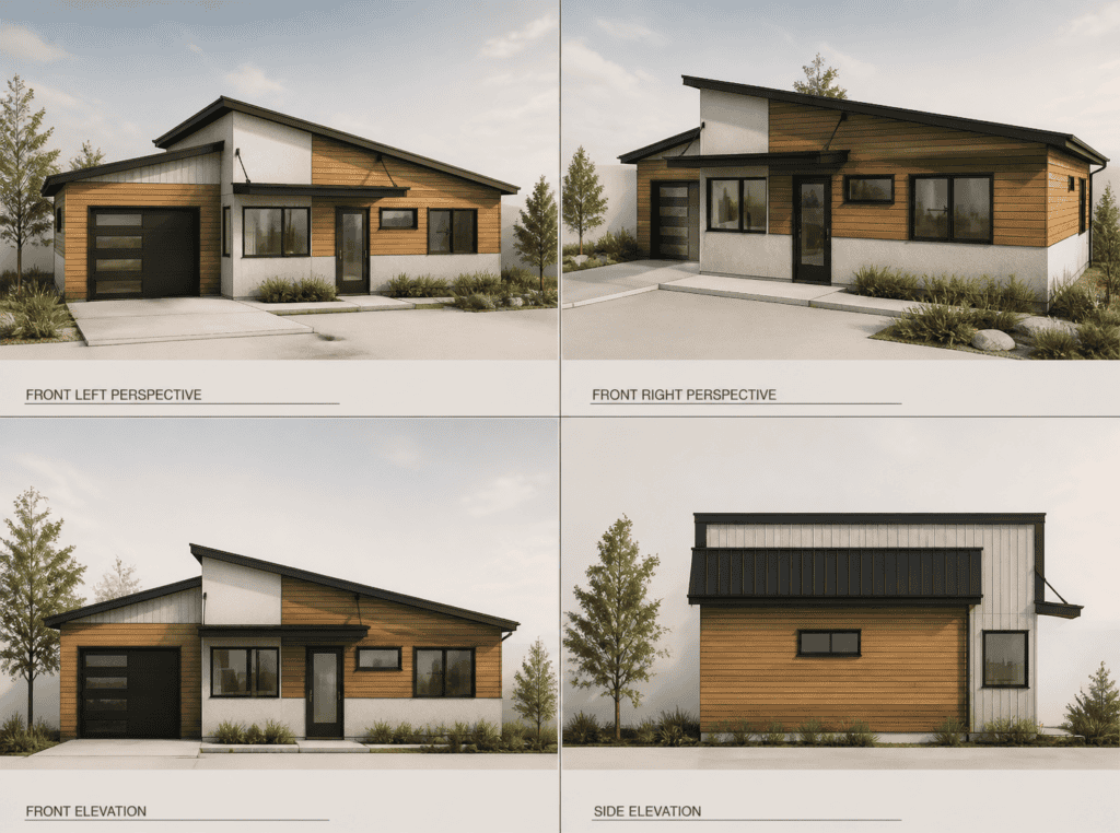 Modern prefab tiny home with wood siding and sleek design, ideal for compact living.