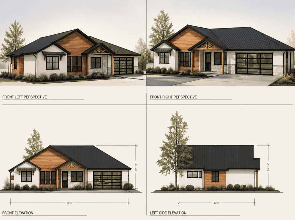 Modern Zip Kit Home design with wood accents and large garage, front and side views.
