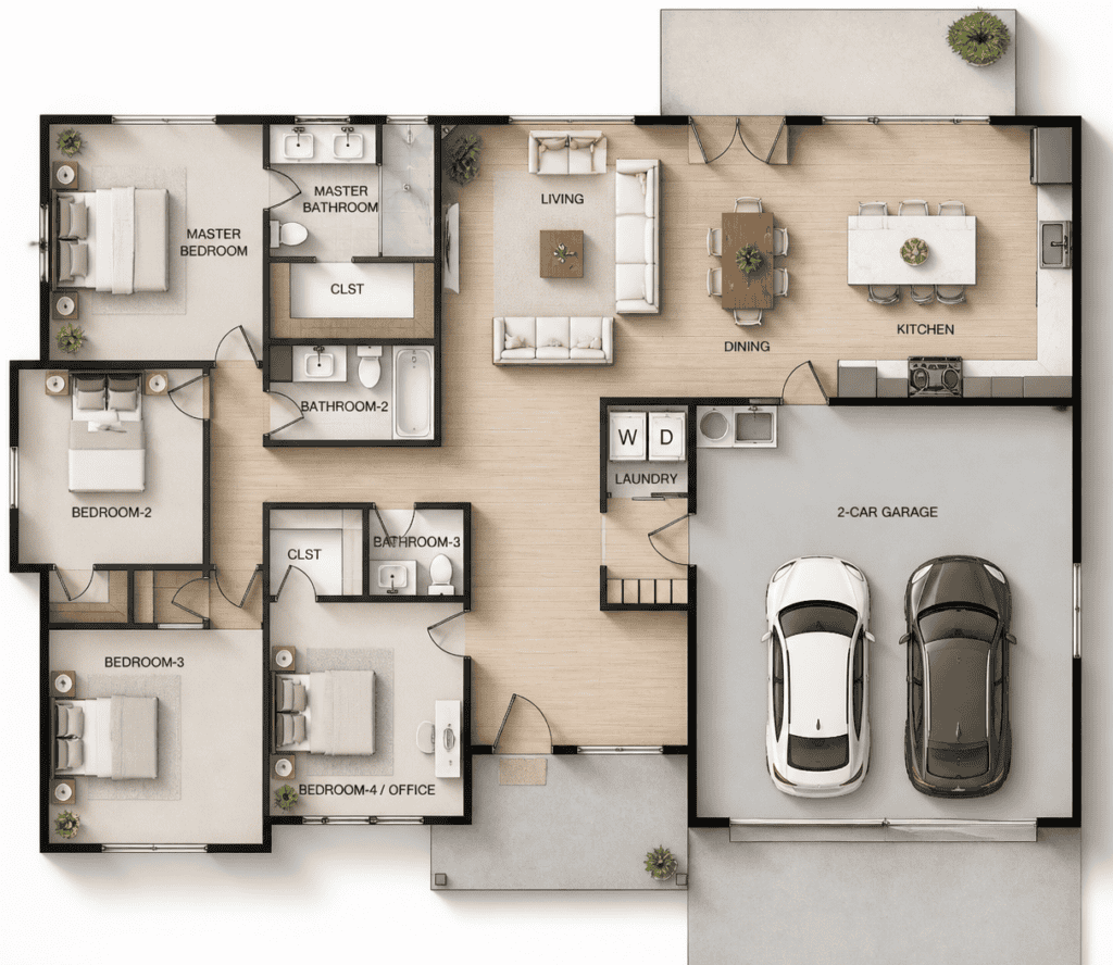 Modern single-story Zip Kit home floor plan with 4 bedrooms and 2-car garage.