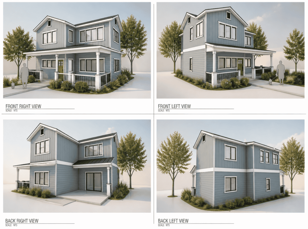 Modern blue Zip Kit home with multiple angles and large windows.