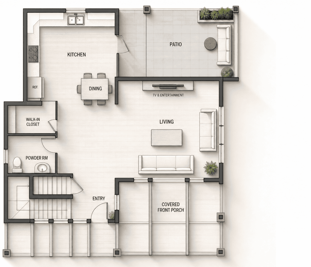 Modern Clyde Zip Kit Home floor plan with open living and kitchen areas.