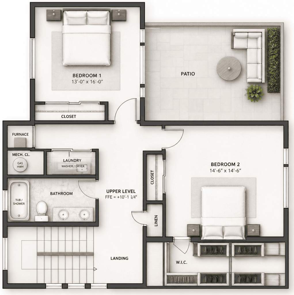 Compact Zip Kit Home layout with two bedrooms and a bathroom.