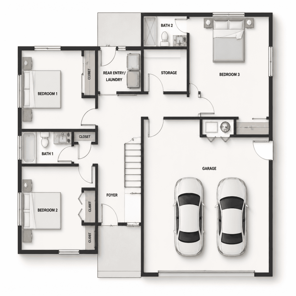 Zip Kit Homes floor plan featuring 3 bedrooms, 2 bathrooms, garage, and efficient layout for modern.