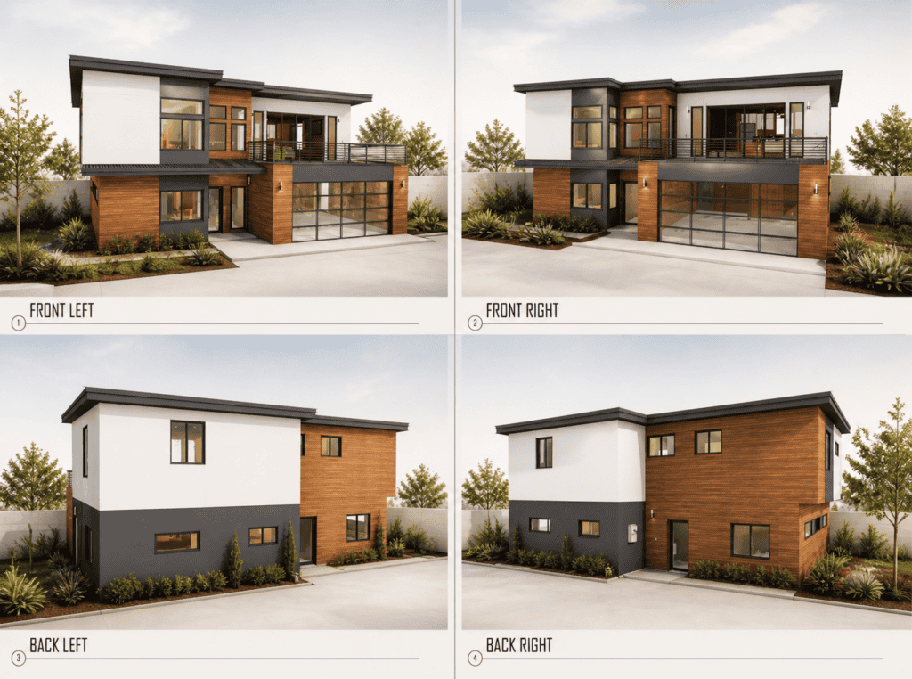 Modern two-story Zip Kit home with mixed exterior materials and large windows.