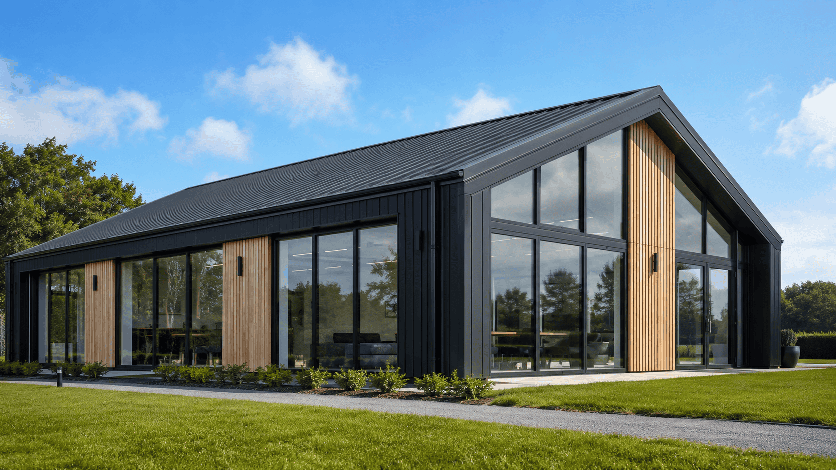 Zip Kit Home with large glass windows and modern design for sustainable living.