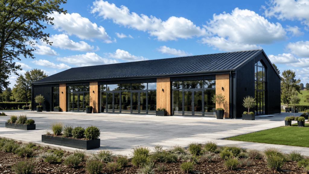 Zip Kit Home with large glass windows and black exterior, showcasing a contemporary design perfect f.