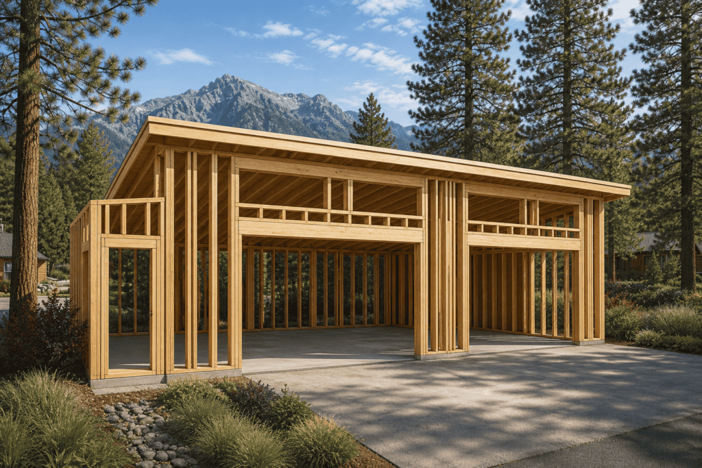 Modern wooden garage under construction with mountain and forest background.