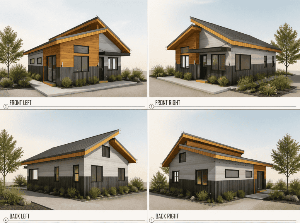 Modern tiny home floor plan with two bedrooms, living area, and outdoor patio.