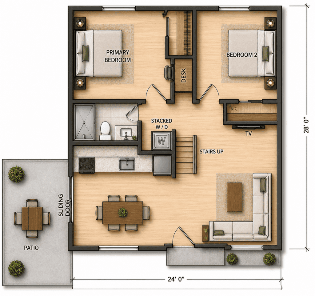 Modern tiny home floor plan with two bedrooms, living area, and outdoor patio.