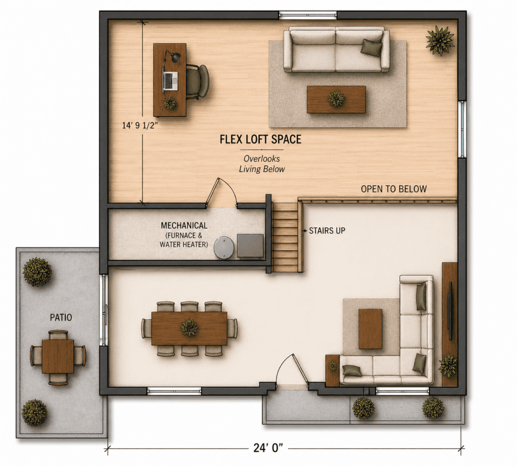 Modern tiny home with loft, open living space, and outdoor patio design.