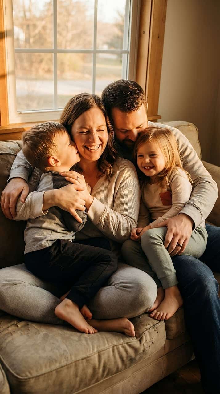 Happy family hugging on couch in their home