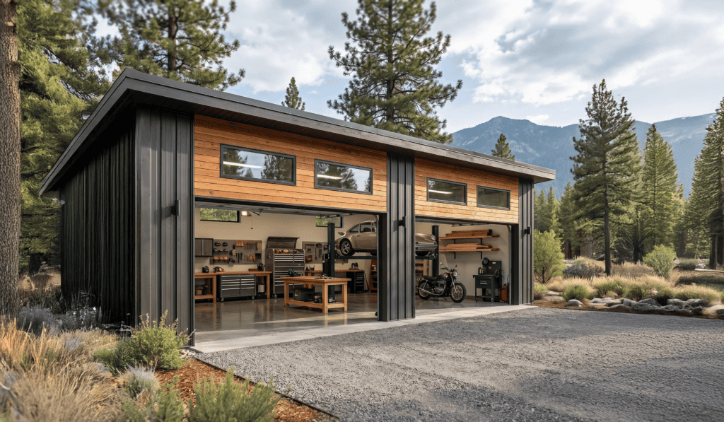 Modern Zip Kit Homes garage with black and wood exterior in a scenic mountain setting.
