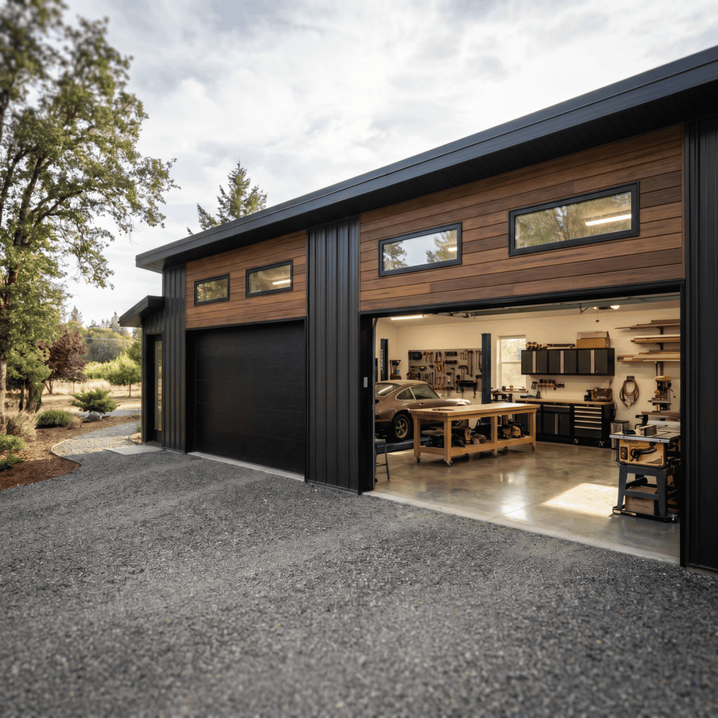 Contemporary mountain-style garage with black and wood exterior and open workshop space.