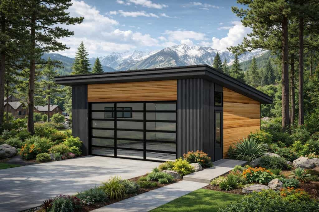 Contemporary mountain garage with black and wood exterior, large glass garage door, surrounded by p-.