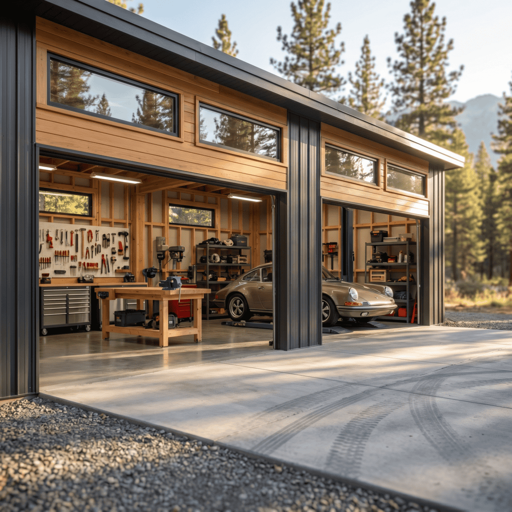 Contemporary mountain garage with workshop and car storage, surrounded by pine trees.