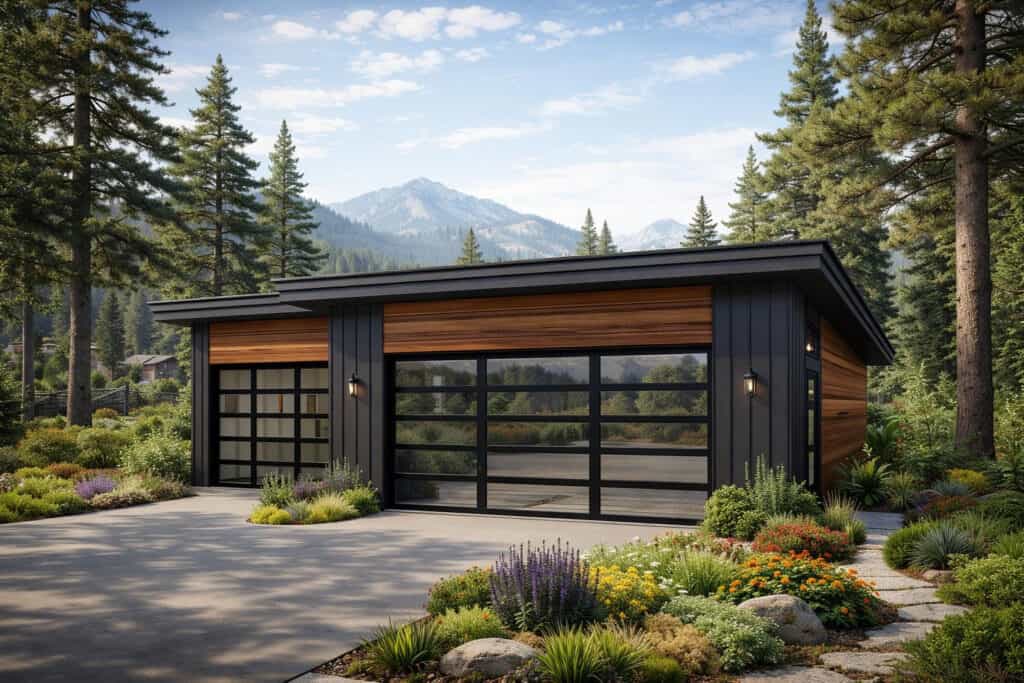 Contemporary mountain garage with black and wood exterior in forest setting.