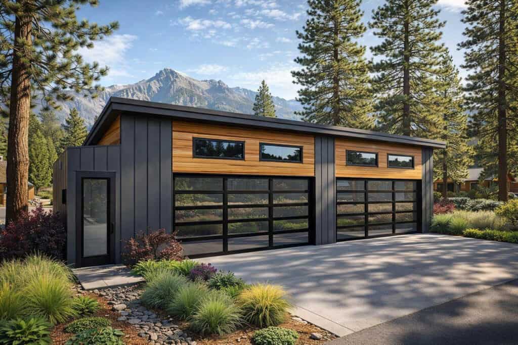 Steel garage with expansive glass doors and sleek design.