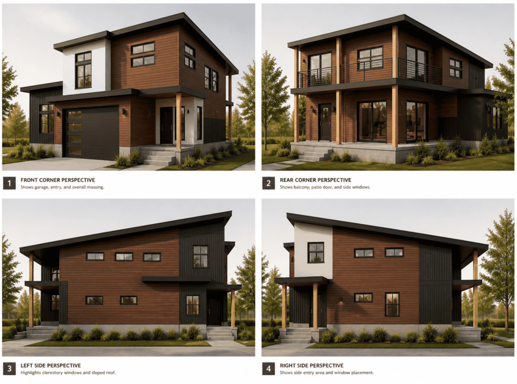 Modern tiny home floor plan with two bedrooms, two bathrooms, and open living spaces.