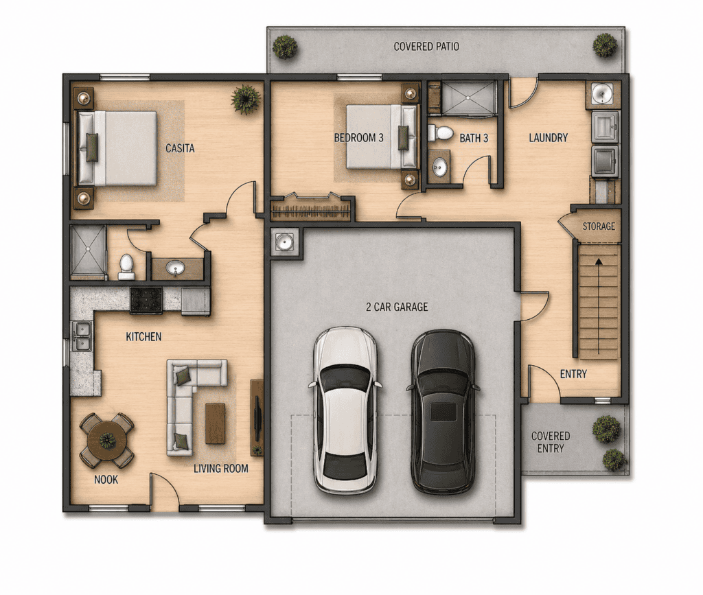 Modern Hayden tiny house floor plan with 3 bedrooms, 2 bathrooms, and a 2-car garage for efficient l.