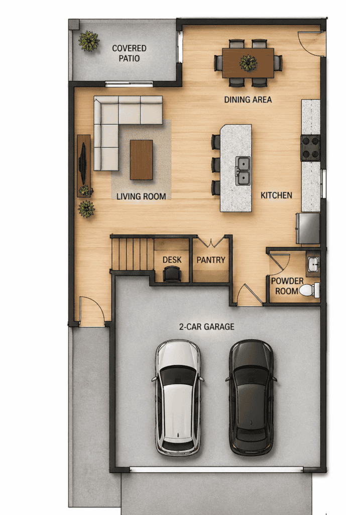 Floor plan of a modern tiny home with living, kitchen, dining, and garage spaces.