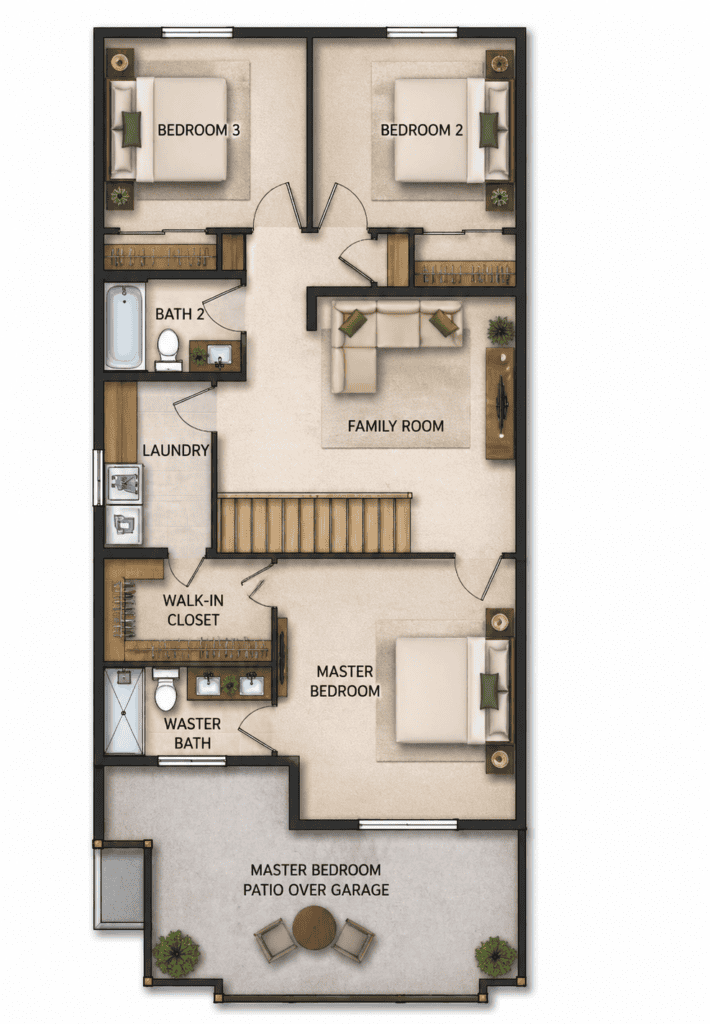 Modern tiny home floor plan with 3 bedrooms, 2 bathrooms, and a spacious family room.