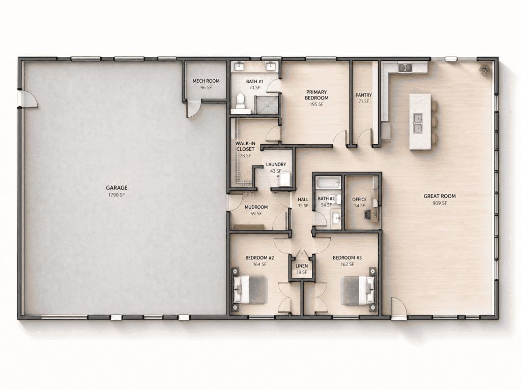 Floor plan of a modern home with multiple bedrooms, bathrooms, and a spacious great room.