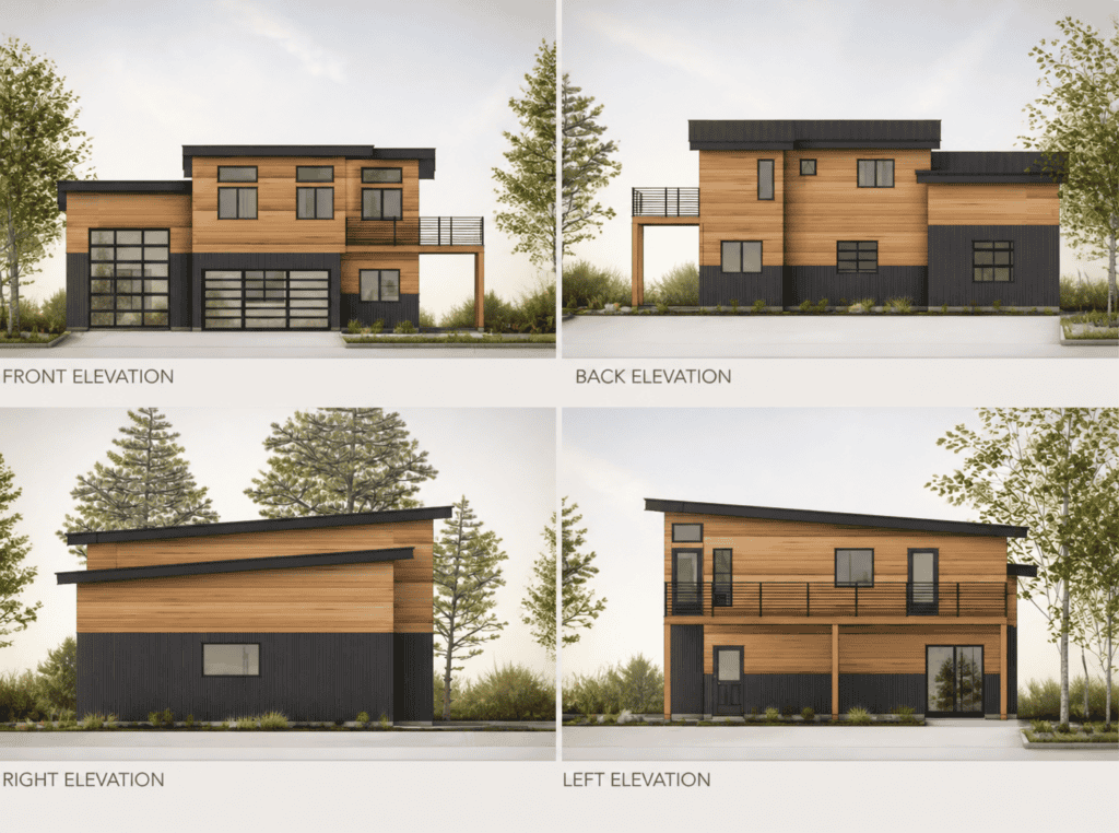 Modern tiny house floor plan with 2 bedrooms, 2 bathrooms, and open living space.