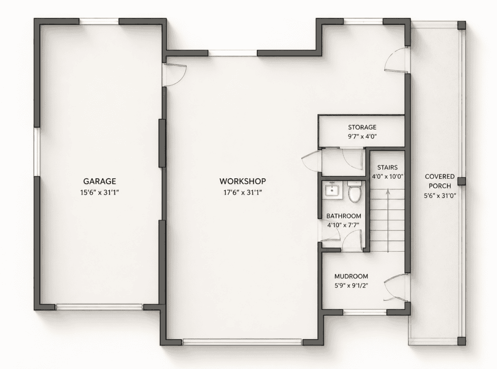 Floor plan of a modern Zip Kit Homes workshop with garage, storage, and bathroom.