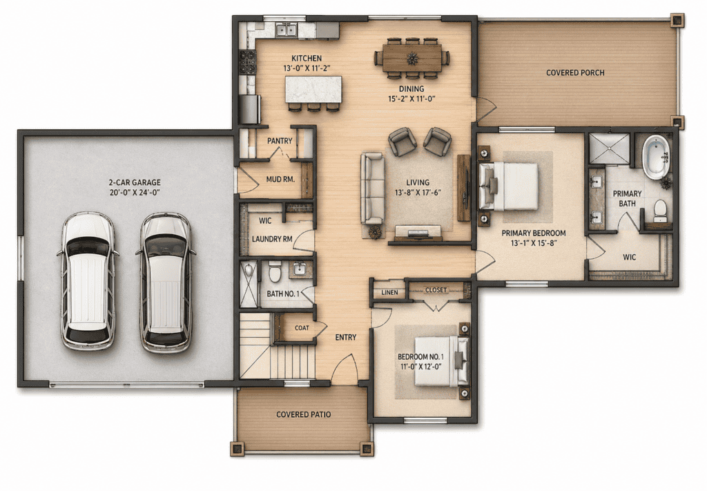 Modern Zip Kit Home floor plan with 2 bedrooms, garage, and covered porch for efficient living.