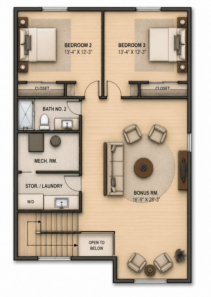 Modern prefab tiny house floor plan with open living space and two bedrooms.