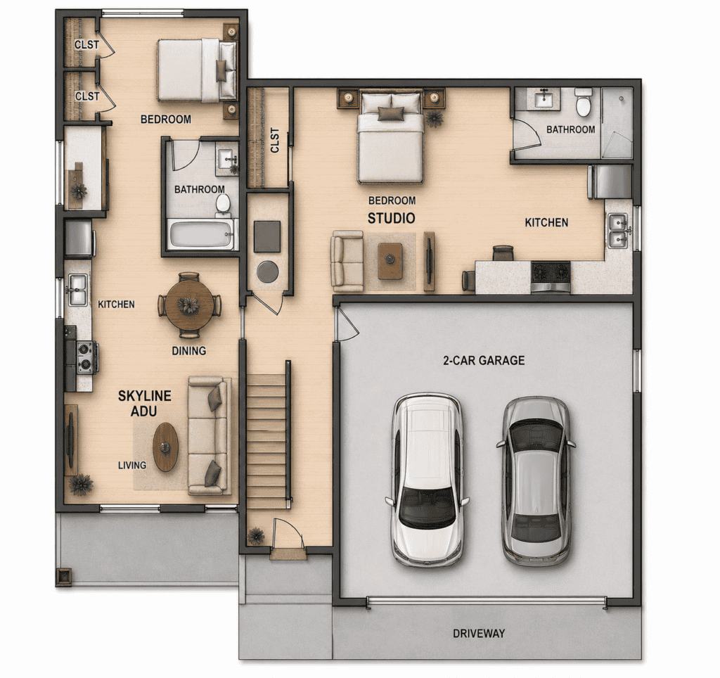 Modern tiny home floor plan with two bedrooms, two bathrooms, a garage, and open living spaces.