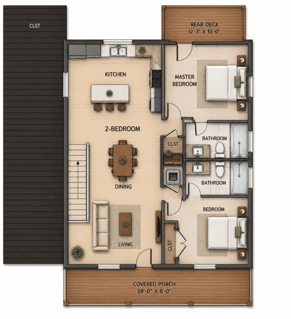 Modern tiny home floor plan with two bedrooms, two bathrooms, a garage, and open living spaces.