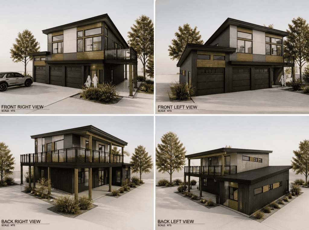 Modern prefab tiny home with large windows and a black exterior, ideal for sustainable living.