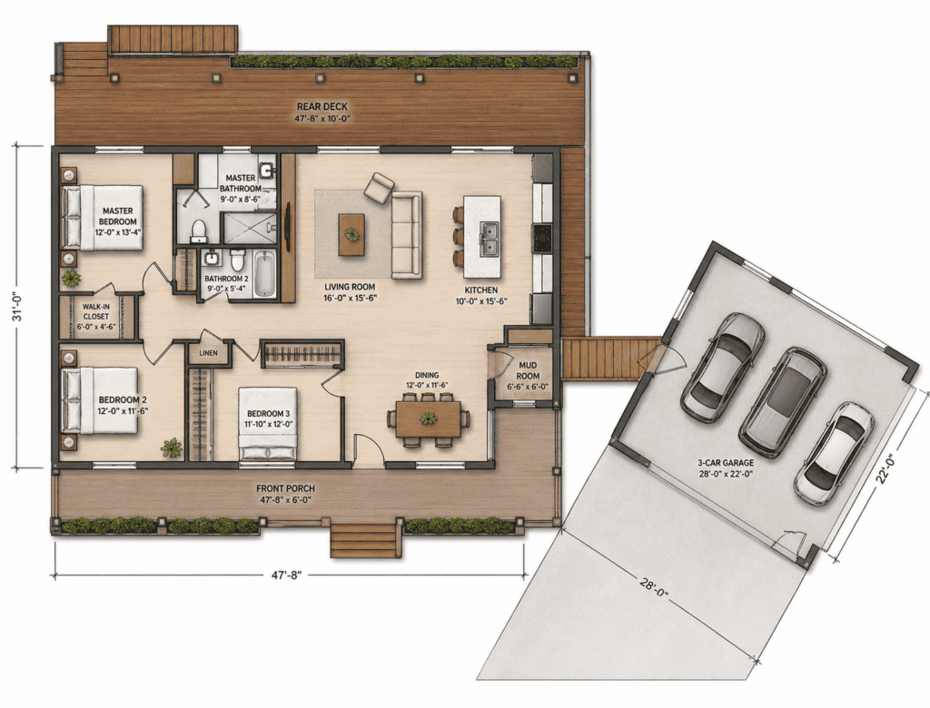 Modern Zip Kit Home floor plan with spacious living areas and attached garage. Perfect for custom sm.