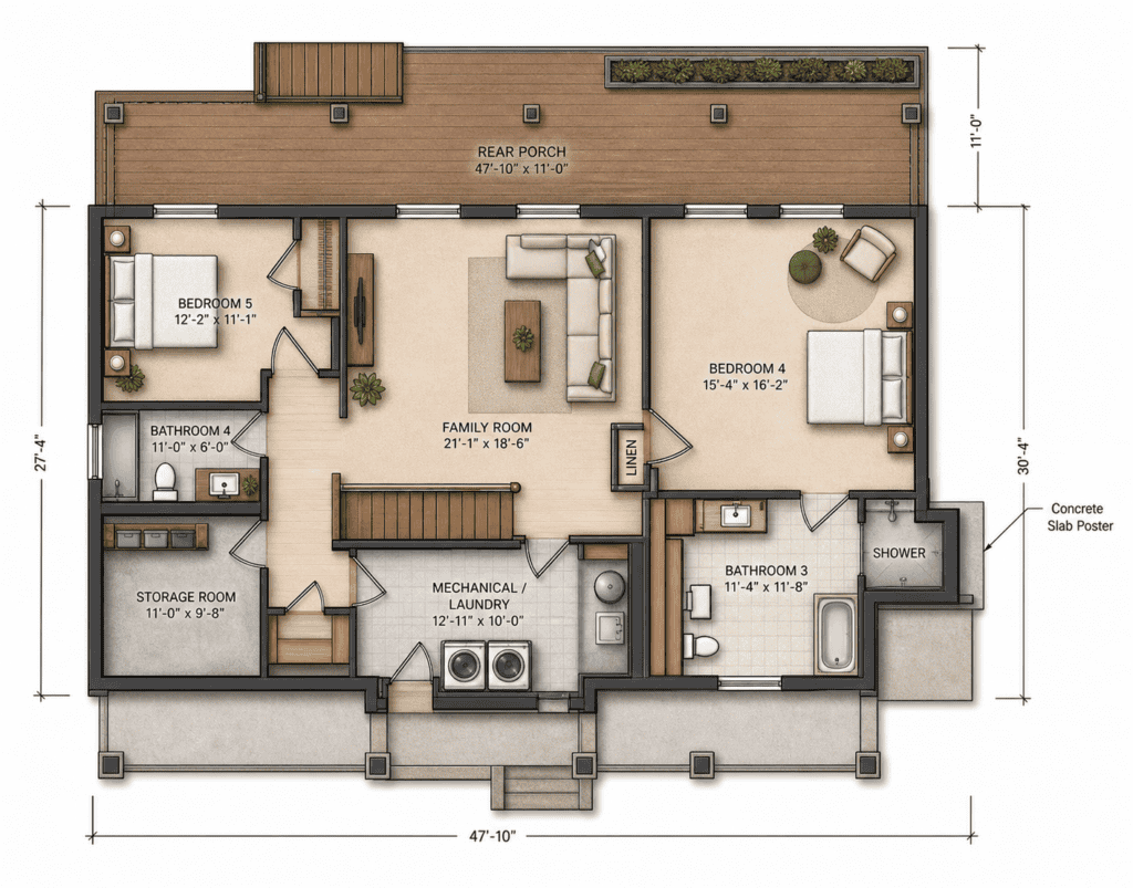 Modern tiny home floor plan with multiple bedrooms and outdoor porch.