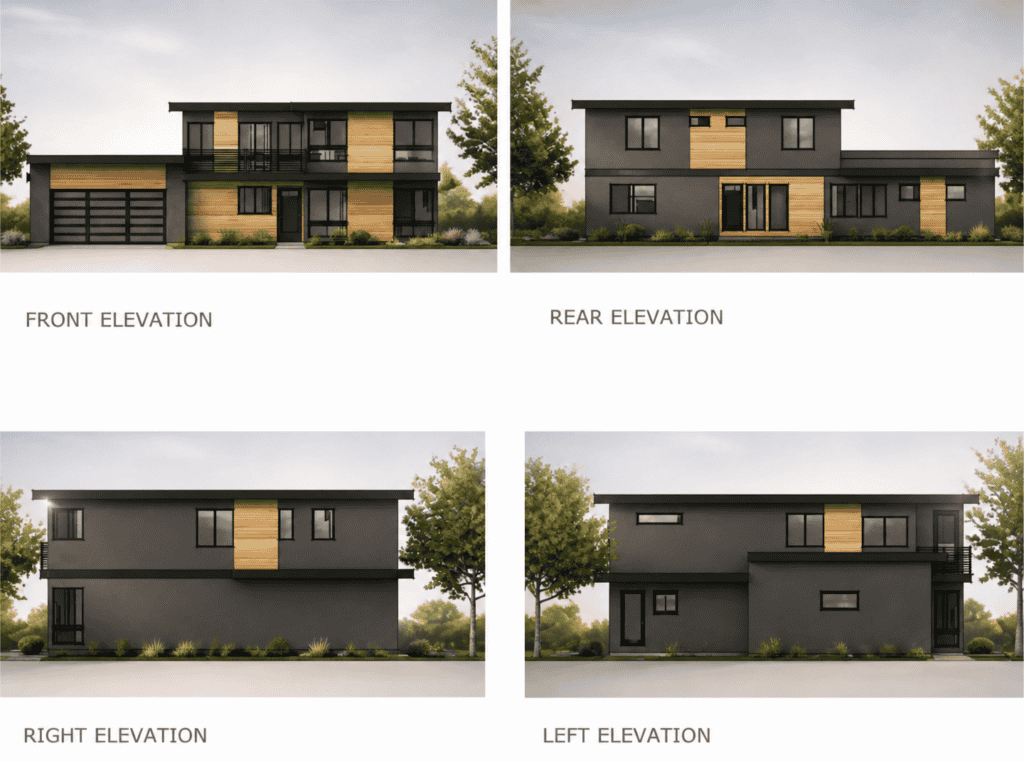 Modern Zip Kit Homes with sleek black and wood exterior in various elevations.