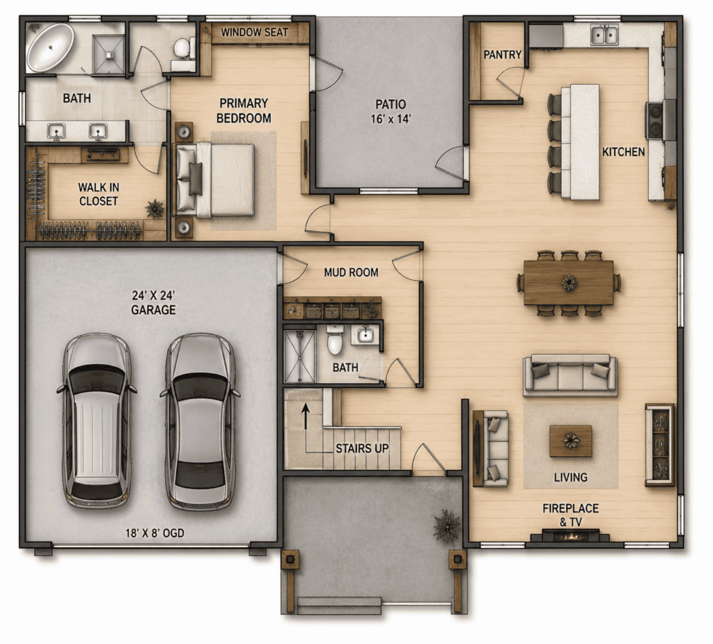 A comfortable modern tiny home floor plan with a primary bedroom, open kitchen, living area, and out.